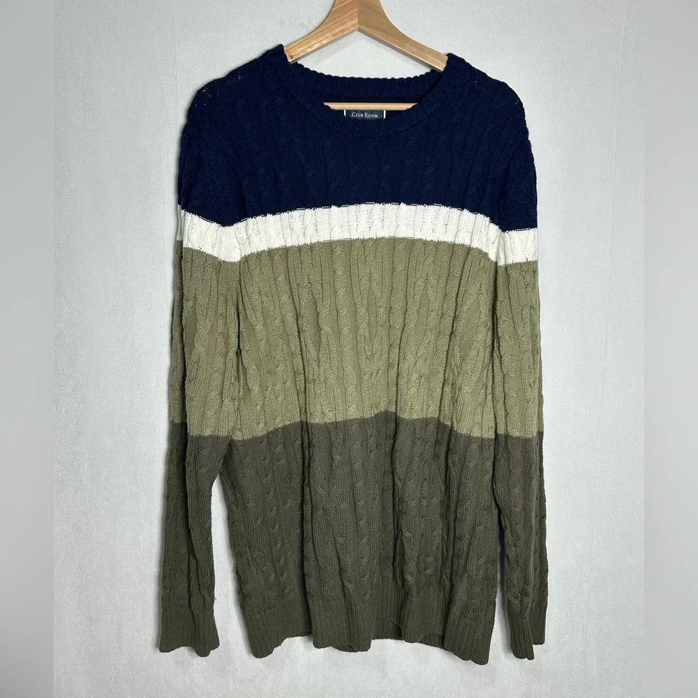 Club Room Mens XL Cable Knit Sweater Colorblock Navy‎ Green White Crew Cotton